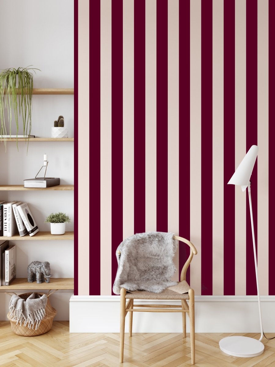 Burgundy and Cream Stripe Wallpaper - Quality Peel and Stick Adhesive Wallpaper - I Heart Wall Art - Poster Print, Canvas Print or Framed Art Print