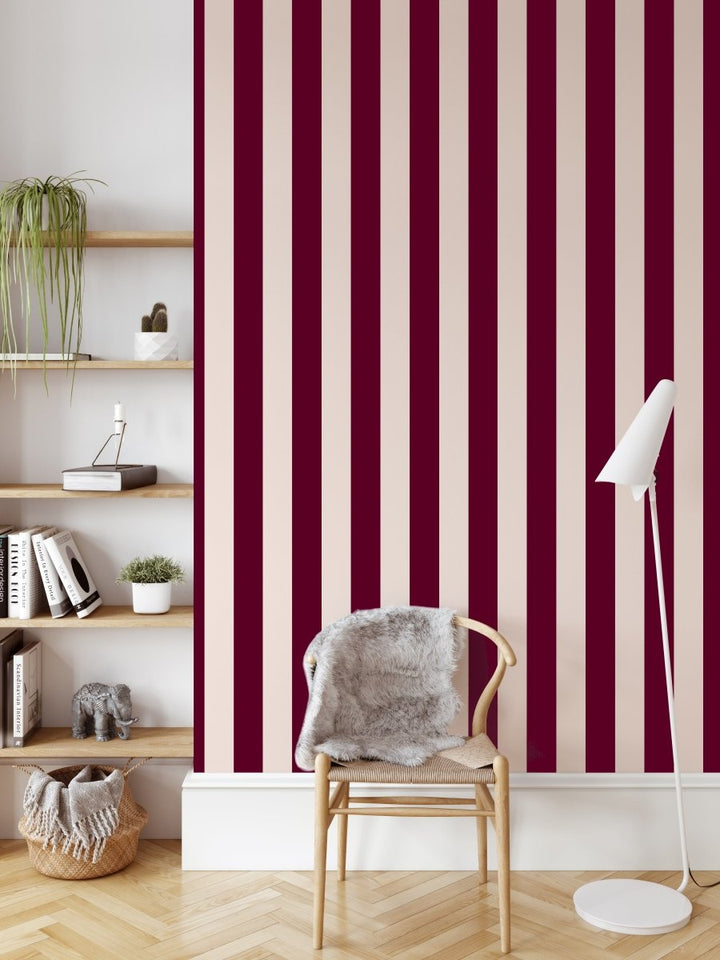 Burgundy and Cream Stripe Wallpaper - Quality Peel and Stick Adhesive Wallpaper - I Heart Wall Art - Poster Print, Canvas Print or Framed Art Print