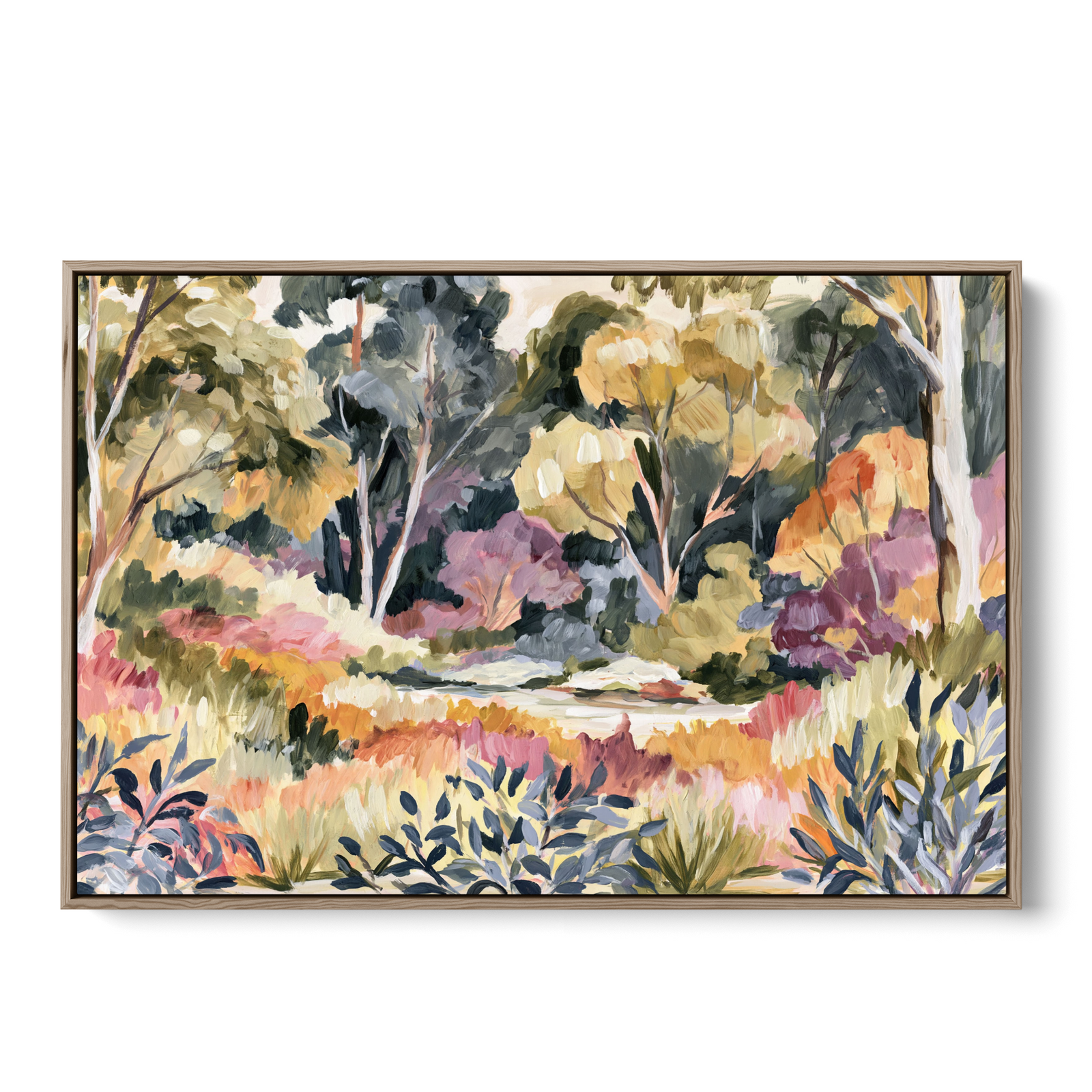 Framed artwork of a nature scene with trees and rocks on a white background