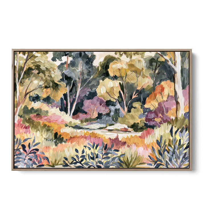 Framed artwork of a nature scene with trees and rocks on a white background