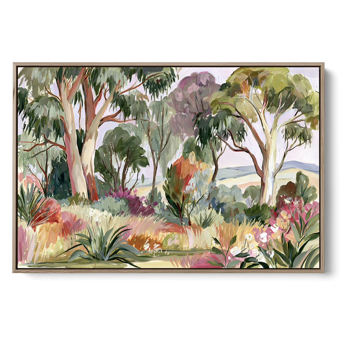 Framed artwork of a colorful forest scene with trees and flowers on a white background