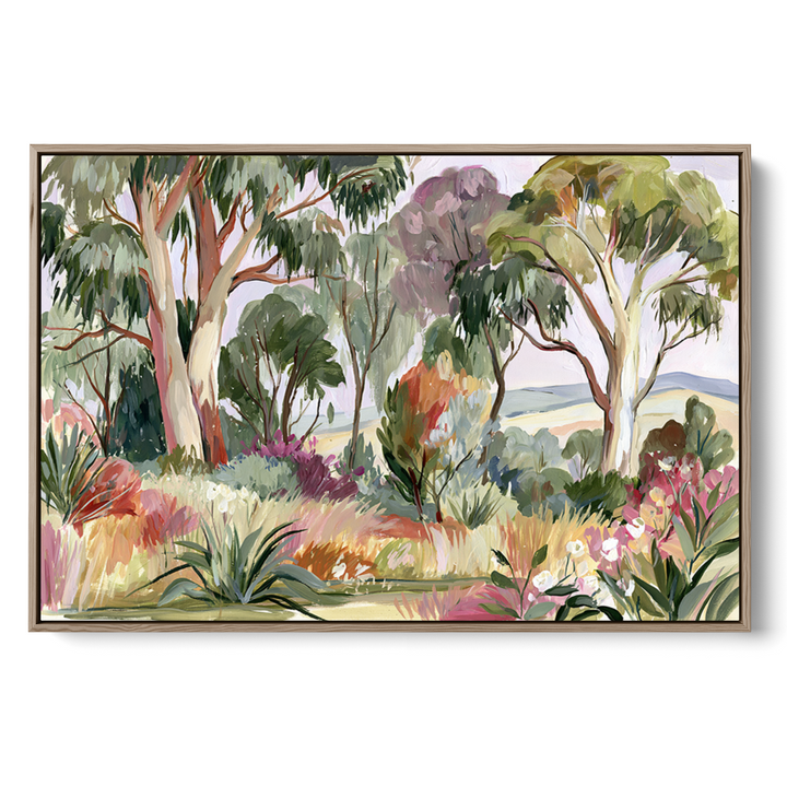 Framed artwork of a colorful forest scene with trees and flowers on a white background