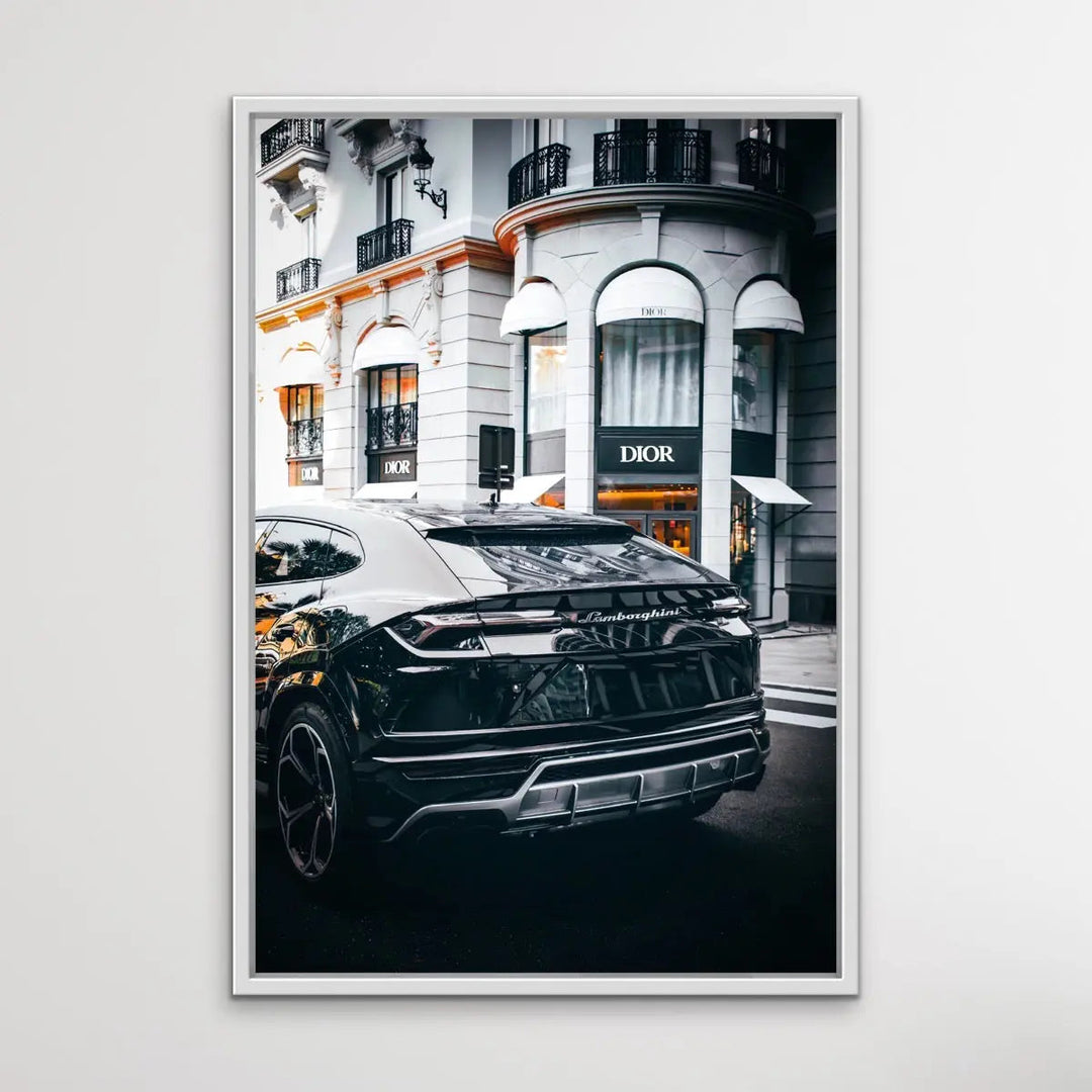 Buying Luxury - Photographic Print Showing Lamborghini Passing A Dior Boutique I Heart Wall Art Australia 