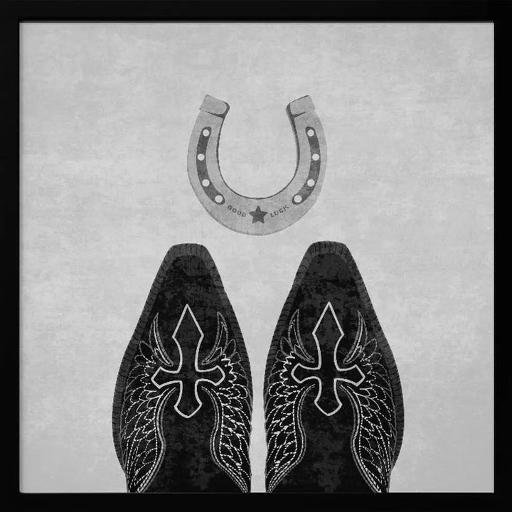 Bw Cowboy Boots and Horseshoe - Square Stretched Canvas, Poster or Fine Art Print I Heart Wall Art