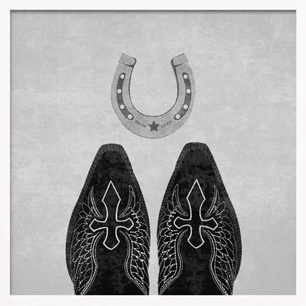 Bw Cowboy Boots and Horseshoe - Square Stretched Canvas, Poster or Fine Art Print I Heart Wall Art