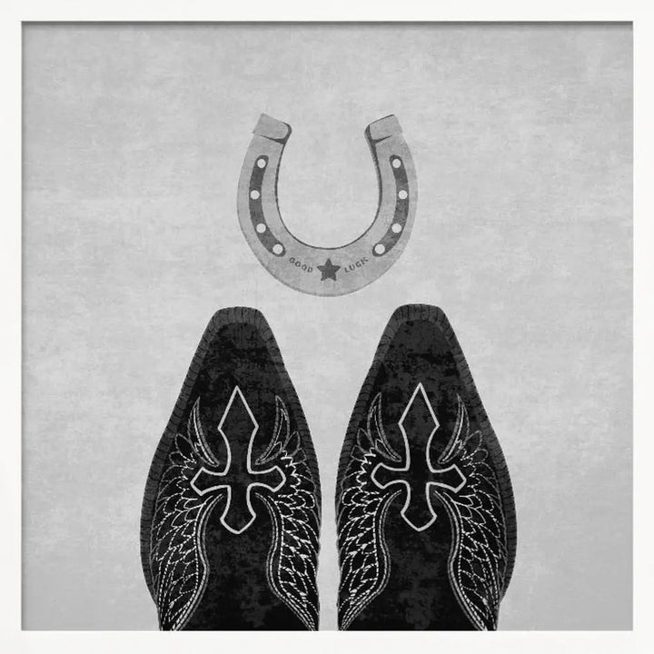 Bw Cowboy Boots and Horseshoe - Square Stretched Canvas, Poster or Fine Art Print I Heart Wall Art
