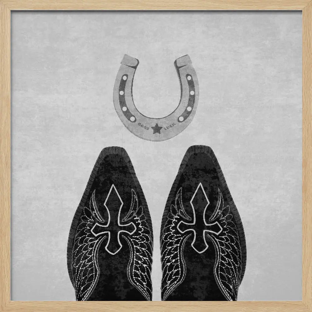 Bw Cowboy Boots and Horseshoe - Square Stretched Canvas, Poster or Fine Art Print I Heart Wall Art