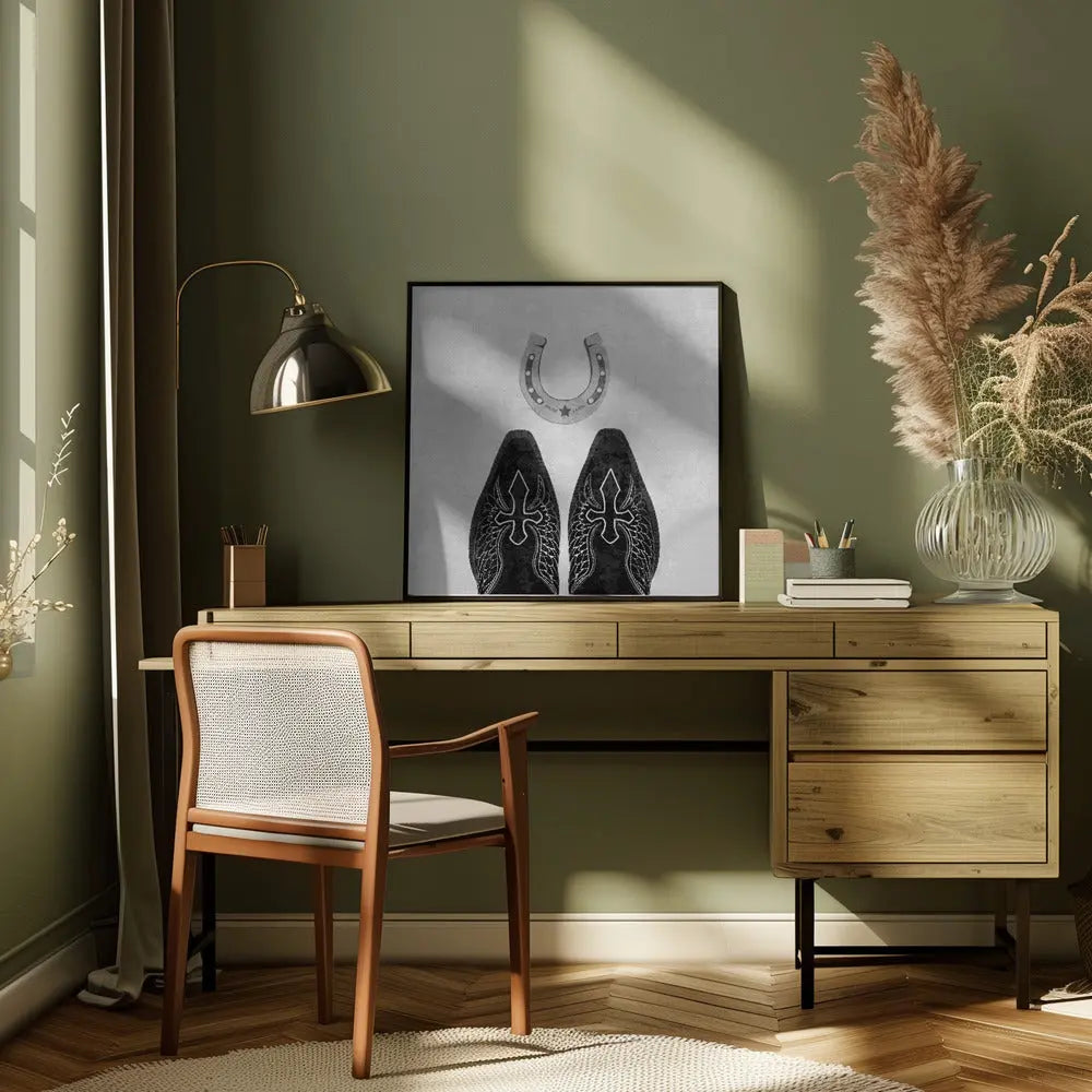 Bw Cowboy Boots and Horseshoe - Square Stretched Canvas, Poster or Fine Art Print I Heart Wall Art