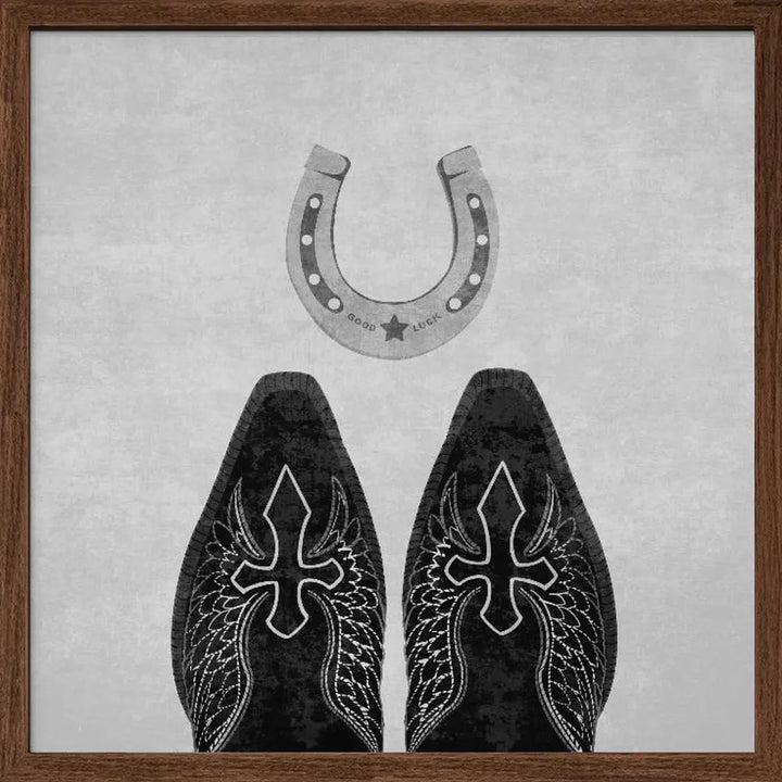 Bw Cowboy Boots and Horseshoe - Square Stretched Canvas, Poster or Fine Art Print I Heart Wall Art