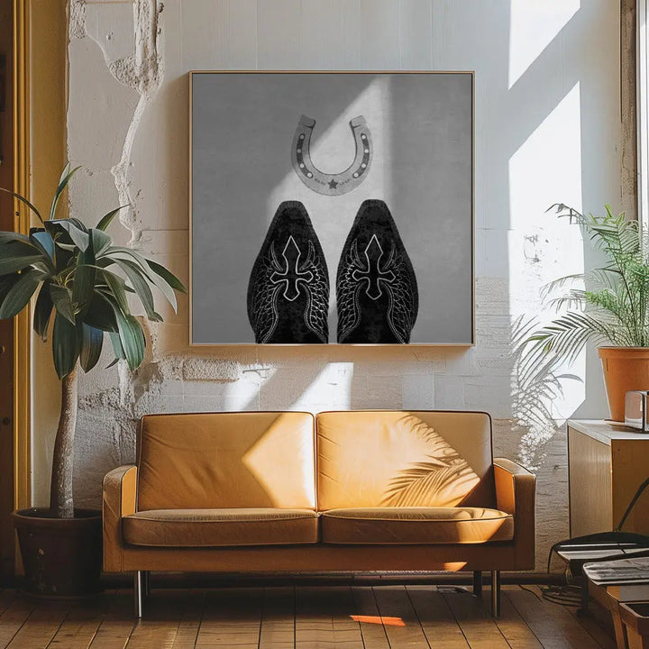 Bw Cowboy Boots and Horseshoe - Square Stretched Canvas, Poster or Fine Art Print I Heart Wall Art