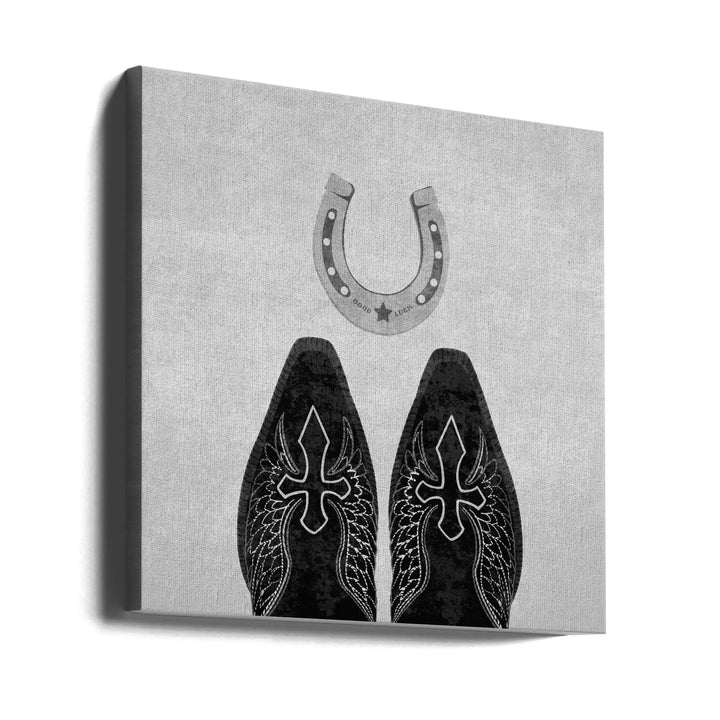 Bw Cowboy Boots and Horseshoe - Square Stretched Canvas, Poster or Fine Art Print I Heart Wall Art