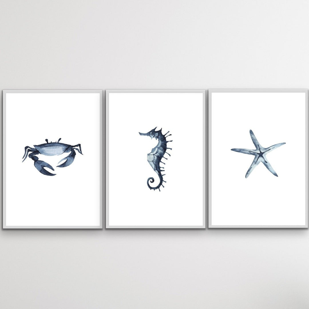 By The Sea - Three Piece Crab Starfish Seahorse Watercolour Print Set Triptych - I Heart Wall Art