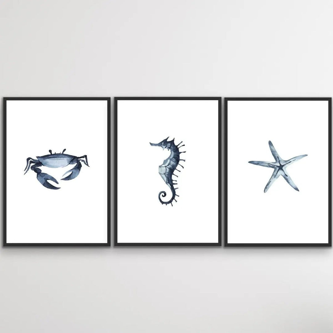 By The Sea - Three Piece Crab Starfish Seahorse Watercolour Print Set Triptych - I Heart Wall Art - Poster Print, Canvas Print or Framed Art Print