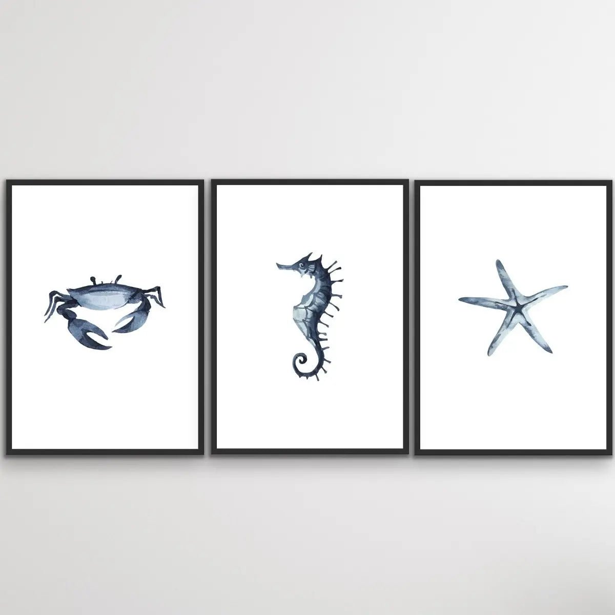 By The Sea - Three Piece Crab Starfish Seahorse Watercolour Print Set Triptych - I Heart Wall Art - Poster Print, Canvas Print or Framed Art Print