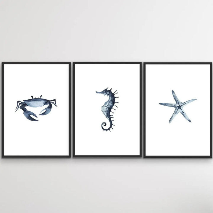 By The Sea - Three Piece Crab Starfish Seahorse Watercolour Print Set Triptych - I Heart Wall Art - Poster Print, Canvas Print or Framed Art Print