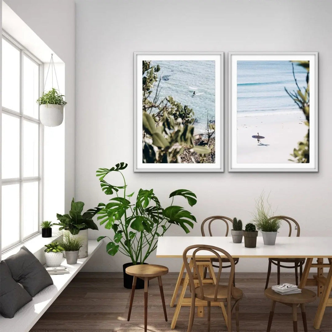 Byron Bay Surf - Two Piece Coastal Byron Bay Surfer Print Set Diptych - I Heart Wall Art - Poster Print, Canvas Print or Framed Art Print