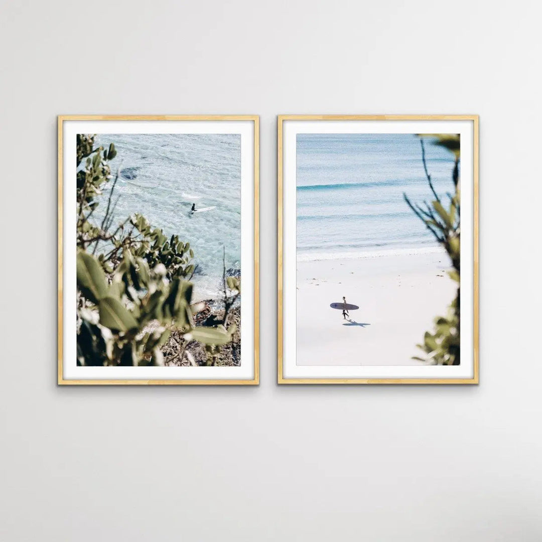 Byron Bay Surf - Two Piece Coastal Byron Bay Surfer Print Set Diptych - I Heart Wall Art - Poster Print, Canvas Print or Framed Art Print