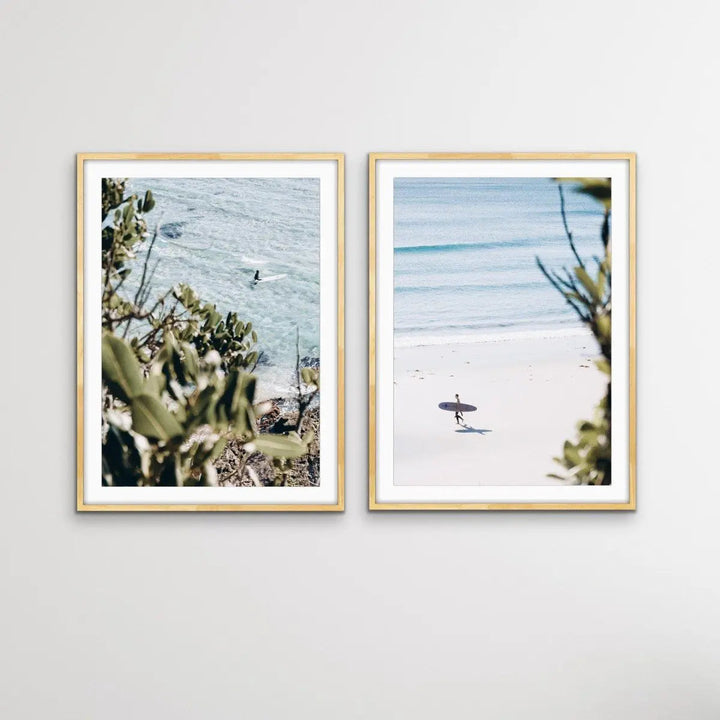 Byron Bay Surf - Two Piece Coastal Byron Bay Surfer Print Set Diptych - I Heart Wall Art - Poster Print, Canvas Print or Framed Art Print
