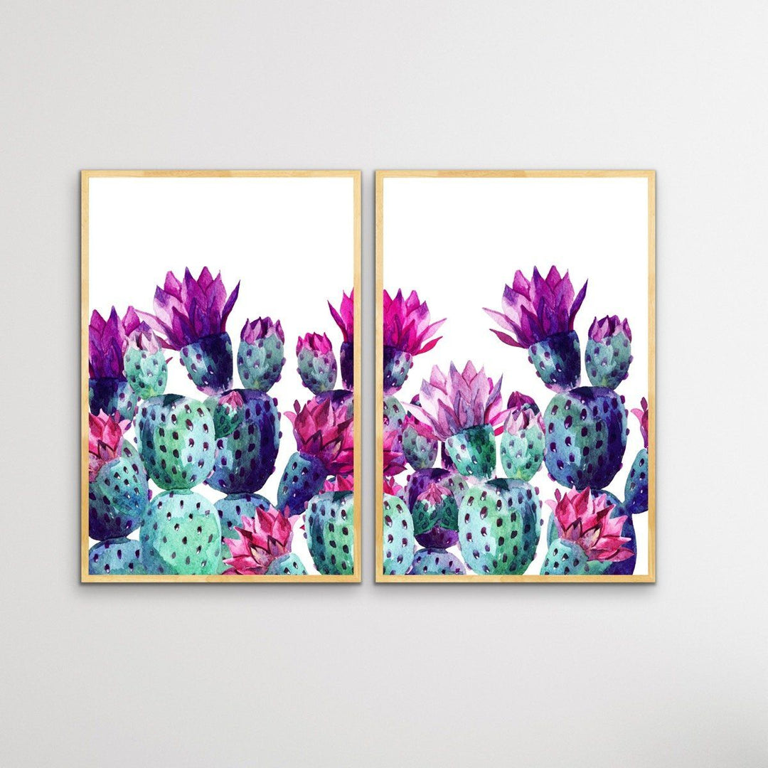 Cactus Watercolours - Two Piece Watercolour Pink Purple Green Cactus Prints Diptych - I Heart Wall Art