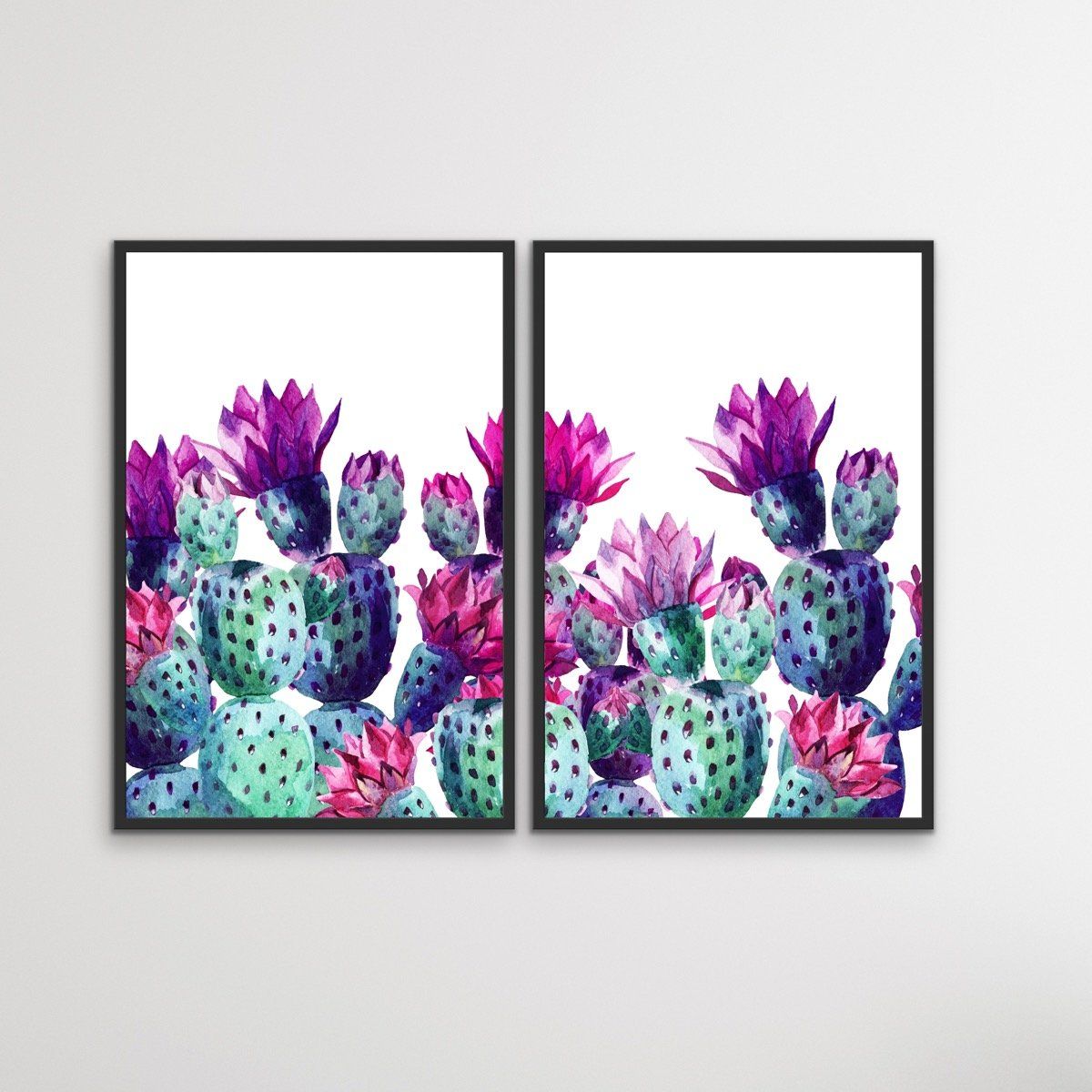 Cactus Watercolours - Two Piece Watercolour Pink Purple Green Cactus Prints Diptych - I Heart Wall Art
