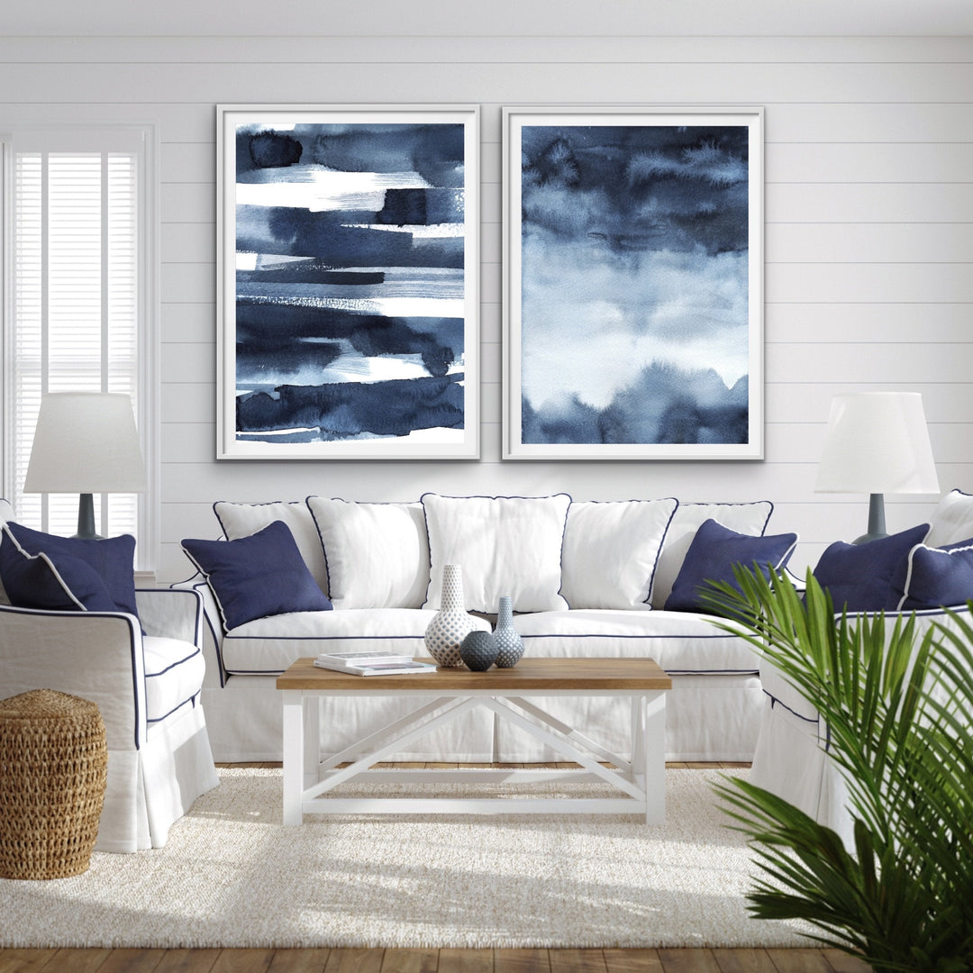 Calm - Two Piece Hamptons Blue Watercolour Wall Art Prints Artwork Diptych - I Heart Wall Art