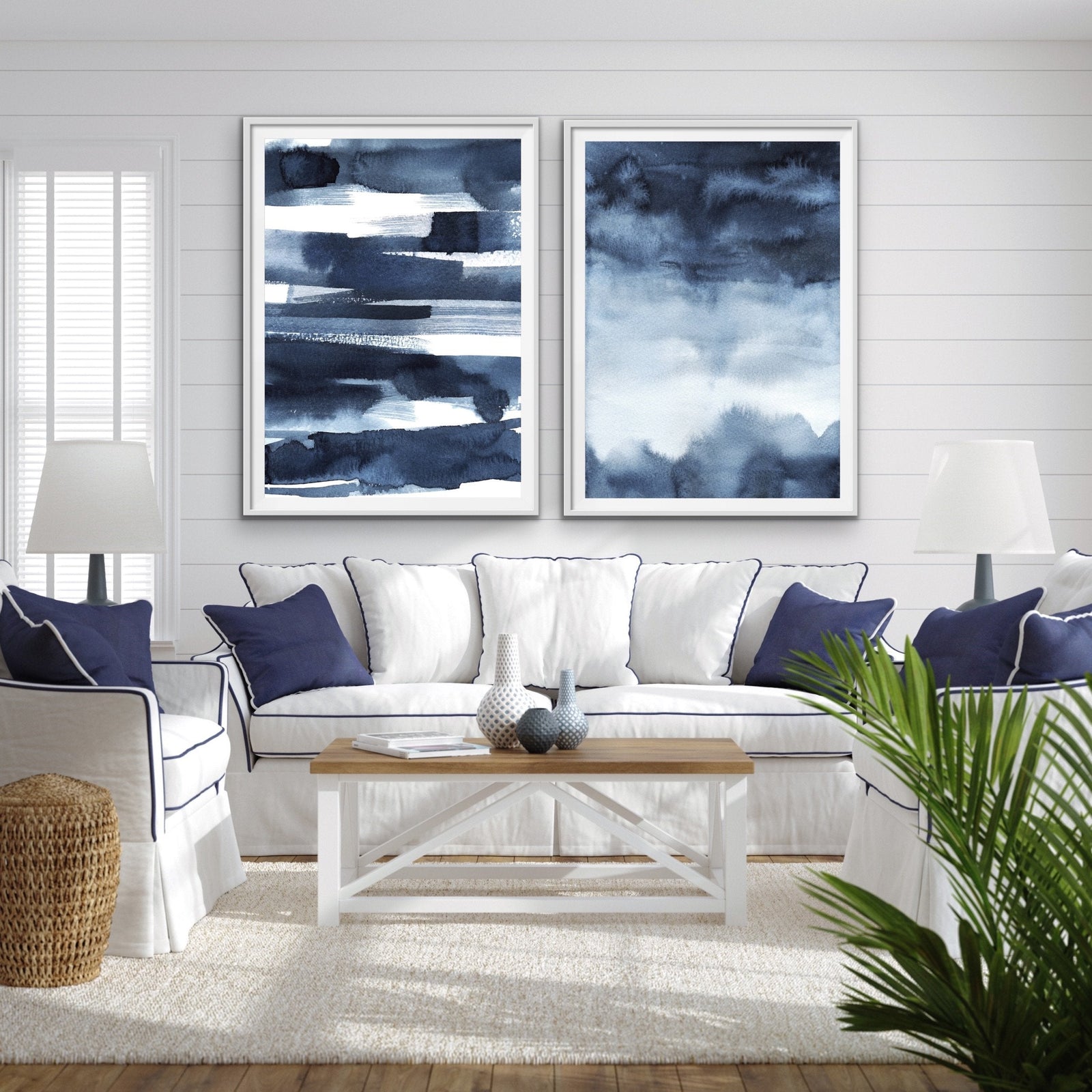 Calm - Two Piece Hamptons Blue Watercolour Wall Art Prints Artwork Diptych - I Heart Wall Art