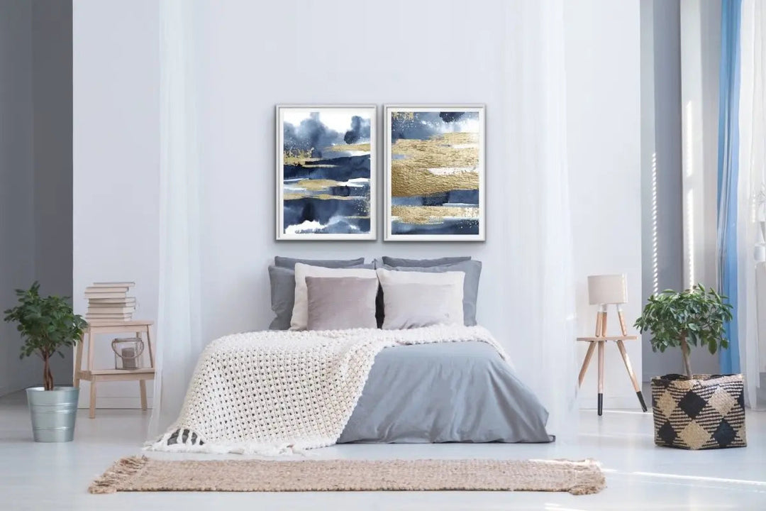 Calm With Gold - Two Piece Hamptons Blue Watercolour Wall Art Print s Artwork Diptych - I Heart Wall Art - Poster Print, Canvas Print or Framed Art Print