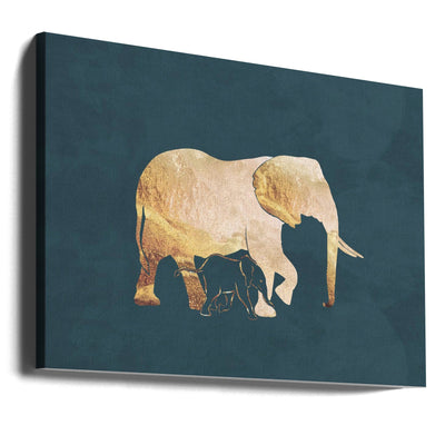 Gold Elephants Turquoise - Stretched Canvas, Poster or Fine Art Print I Heart Wall Art