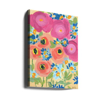 Pink Roses And Coral Anemones - Stretched Canvas, Poster or Fine Art Print I Heart Wall Art