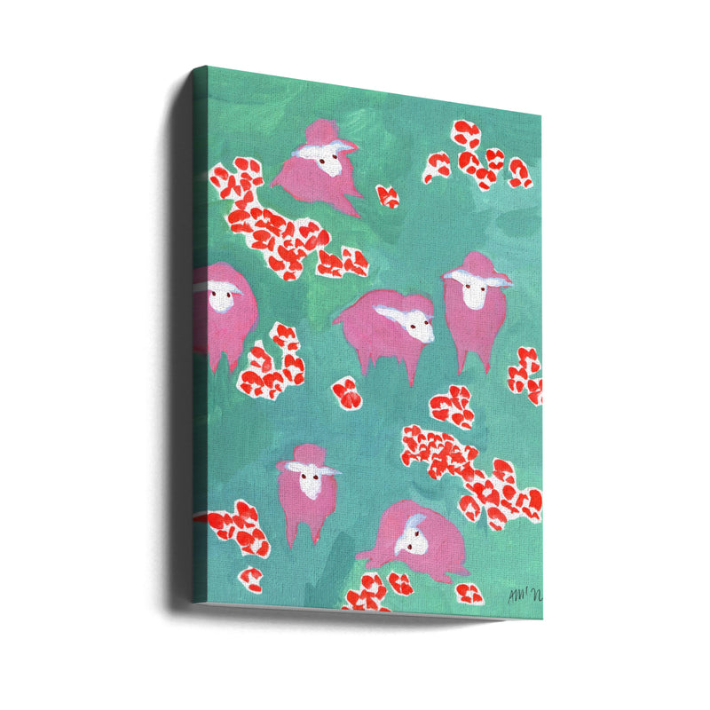 Pink Sheep On A Green Meadow - Stretched Canvas, Poster or Fine Art Print I Heart Wall Art