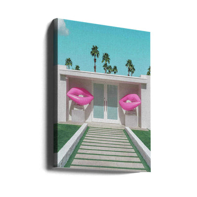 Mid-Century Modern House with Pink Lips - Stretched Canvas, Poster or Fine Art Print I Heart Wall Art