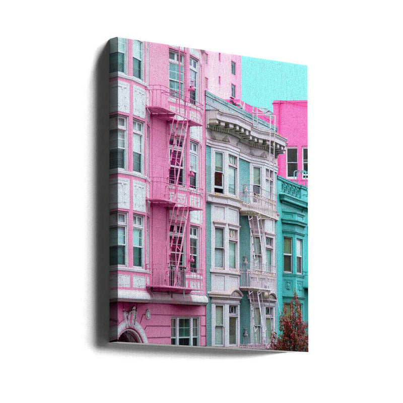 Pink and Blue Row Houses in San Francisco - Stretched Canvas, Poster or Fine Art Print I Heart Wall Art