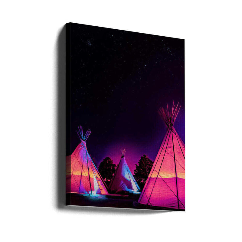 Vaporwave Teepees Glowing at Night Under Stars In Marfa Texas - Stretched Canvas, Poster or Fine Art Print I Heart Wall Art