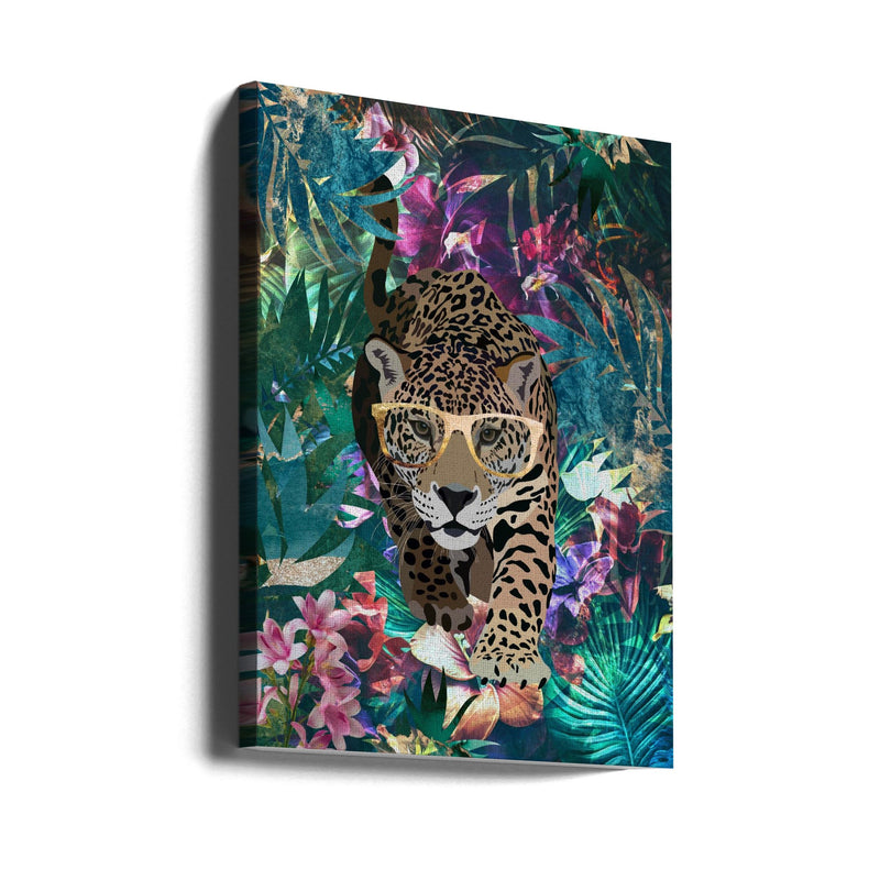 Tropical Jungle Jaguar in glasses - Stretched Canvas, Poster or Fine Art Print I Heart Wall Art