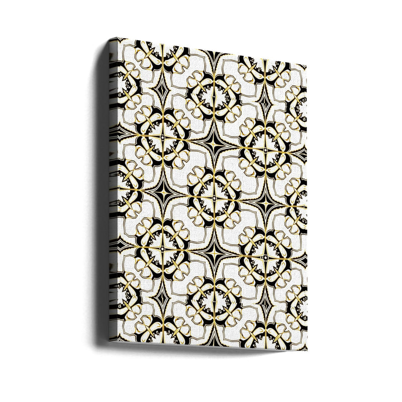Geometric Pattern with Intricate Black and White Floral Motifs - Stretched Canvas, Poster or Fine Art Print I Heart Wall Art