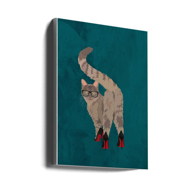 Cat in heels turquoise - Stretched Canvas, Poster or Fine Art Print I Heart Wall Art