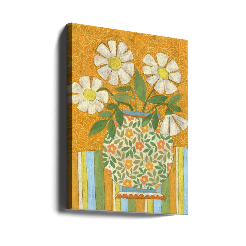 White Daisies In A Patterned Vase - Stretched Canvas, Poster or Fine Art Print I Heart Wall Art