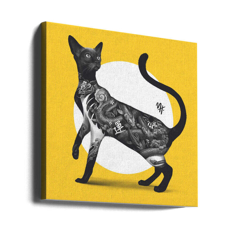 Japanese Cat Tattoo Yellow - Square Stretched Canvas, Poster or Fine Art Print