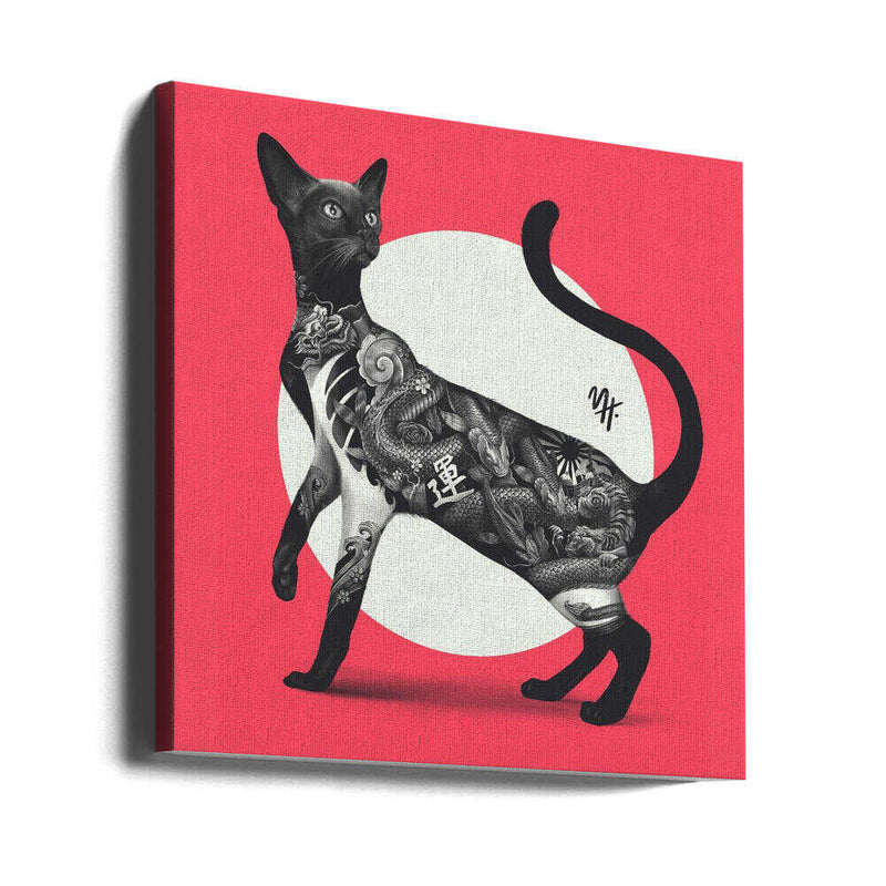 Japanese Cat Tattoo Red - Square Stretched Canvas, Poster or Fine Art Print