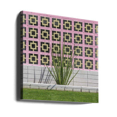 Mid-Century Breeze Block Wall with Cactus in Palm Springs, California - Square Stretched Canvas, Poster or Fine Art Print I Heart Wall Art