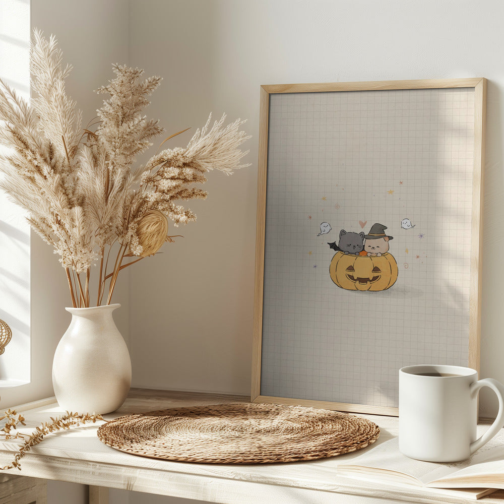 Cat and Dog In Halloween - Stretched Canvas, Poster or Fine Art Print I Heart Wall Art