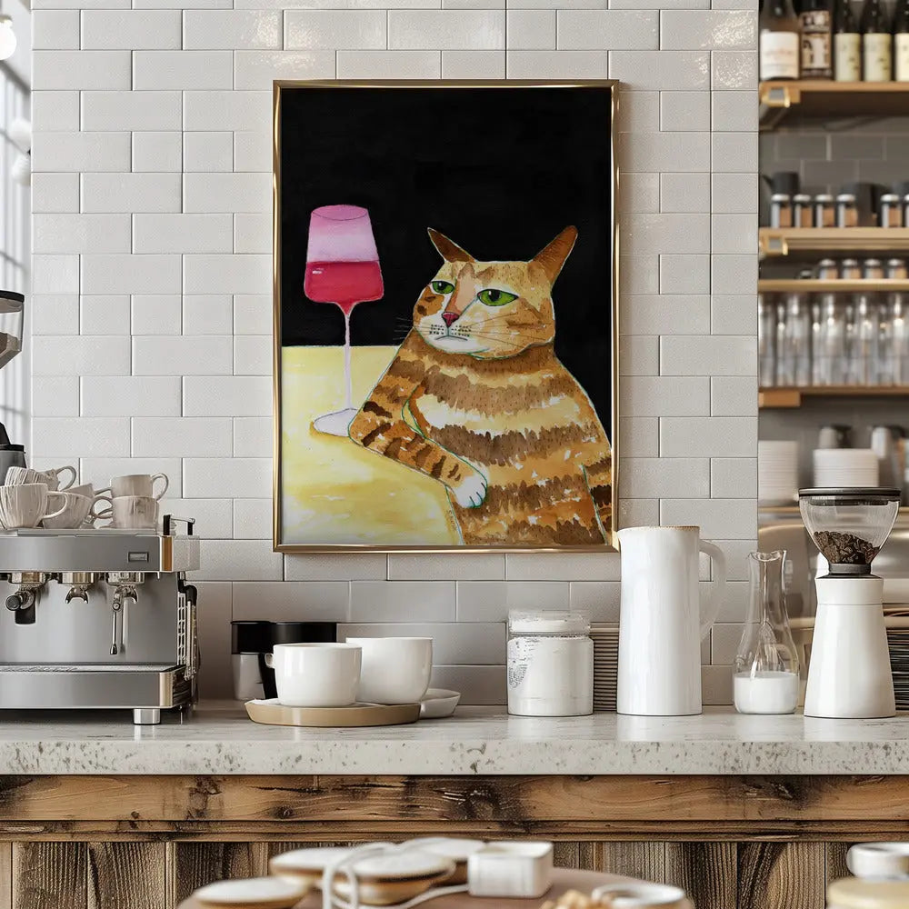 Cat Friday Night Drinks Wine Funny Cat Humour - Stretched Canvas, Poster or Fine Art Print I Heart Wall Art