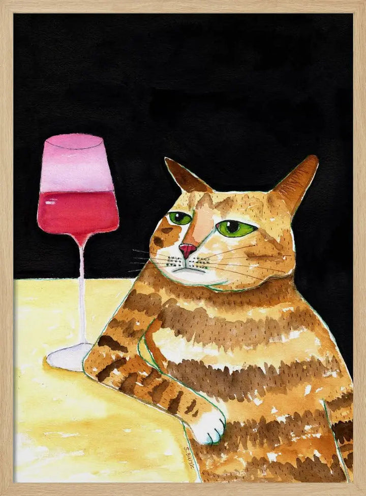 Cat Friday Night Drinks Wine Funny Cat Humour - Stretched Canvas, Poster or Fine Art Print I Heart Wall Art