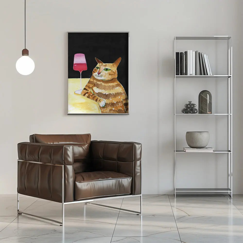 Cat Friday Night Drinks Wine Funny Cat Humour - Stretched Canvas, Poster or Fine Art Print I Heart Wall Art