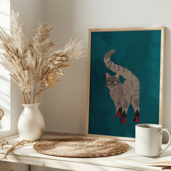 Cat in heels turquoise - Stretched Canvas, Poster or Fine Art Print - I Heart Wall Art - Poster Print, Canvas Print or Framed Art Print