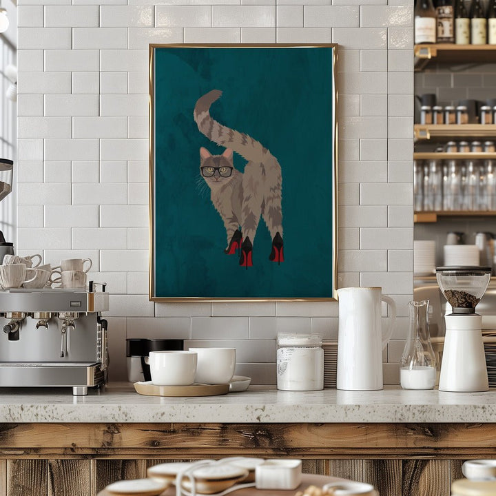 Cat in heels turquoise - Stretched Canvas, Poster or Fine Art Print - I Heart Wall Art - Poster Print, Canvas Print or Framed Art Print