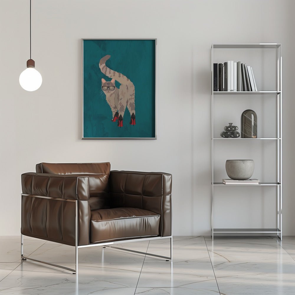 Cat in heels turquoise - Stretched Canvas, Poster or Fine Art Print - I Heart Wall Art - Poster Print, Canvas Print or Framed Art Print