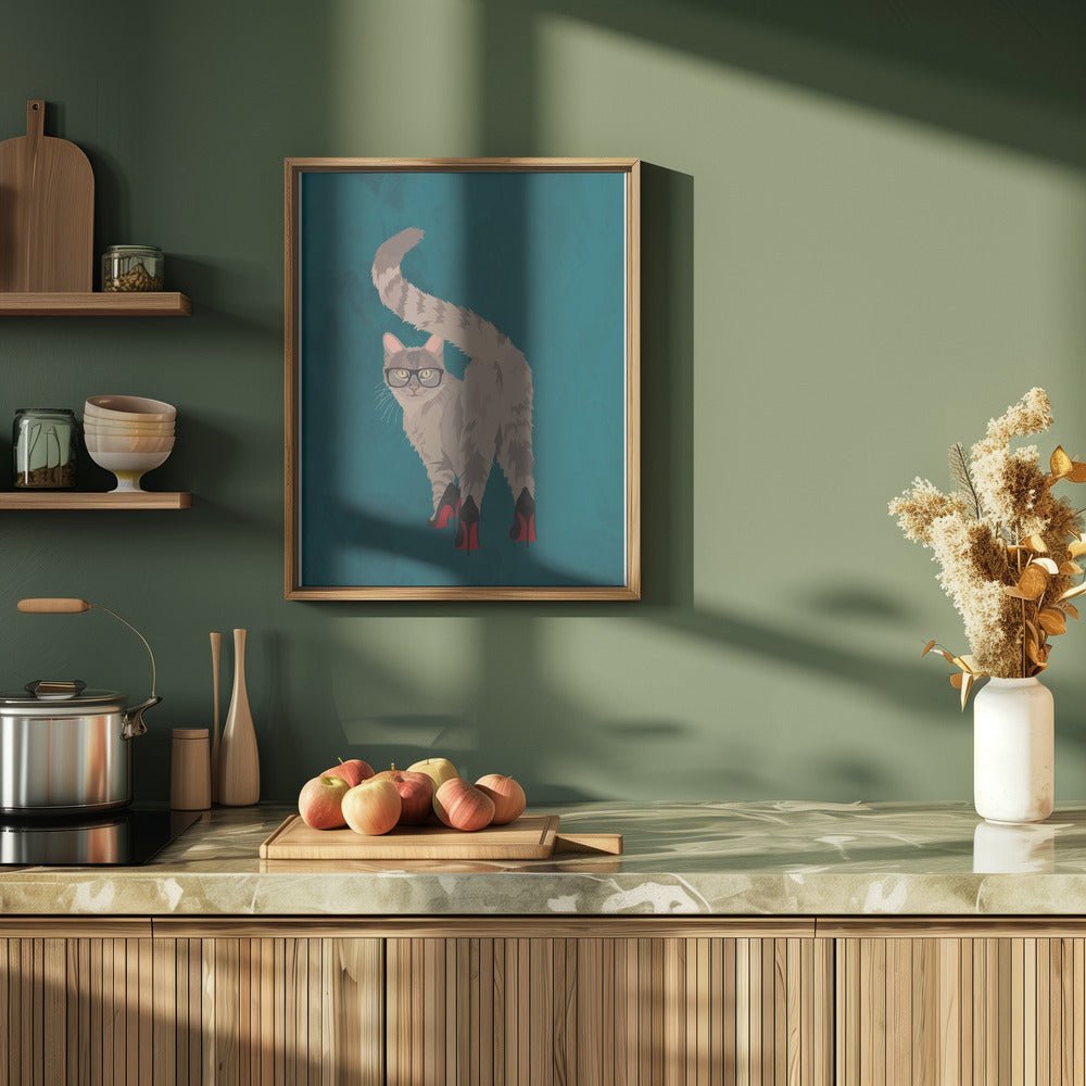 Cat in heels turquoise - Stretched Canvas, Poster or Fine Art Print - I Heart Wall Art - Poster Print, Canvas Print or Framed Art Print