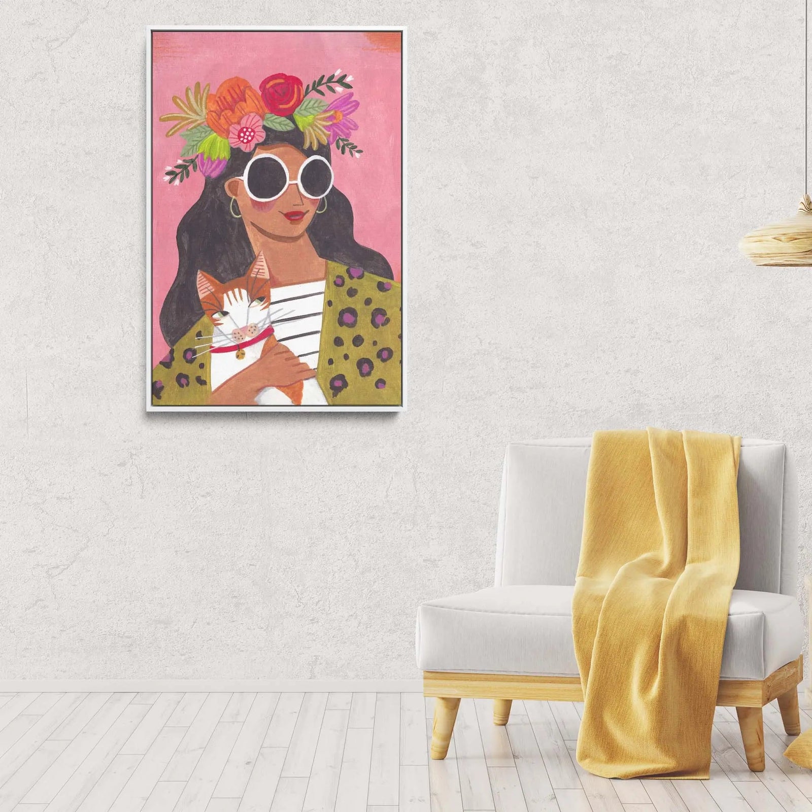 A vibrant pink-framed stretched canvas print of cat lady by Caroline Bonne Muller featuring a woman with cat
