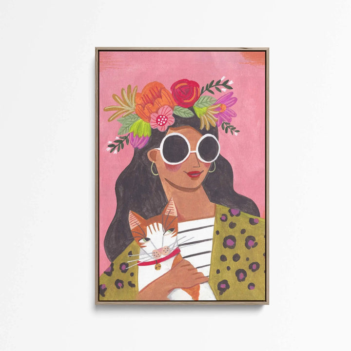 Cat lady by caroline bonne muller vibrant pink-framed stretched canvas print featuring woman with white sunglasses and floral crown